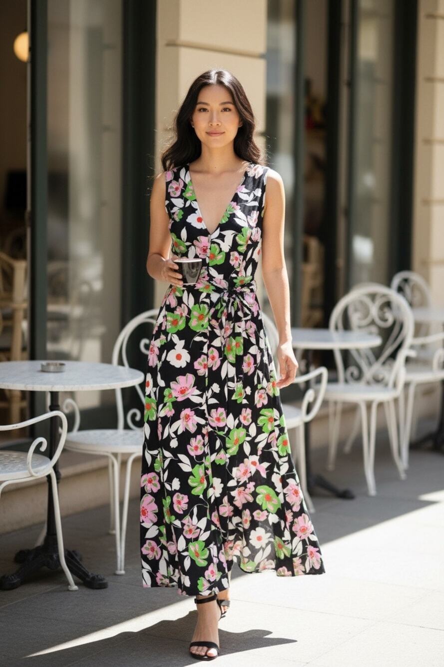 Who What Wear Floral Wrap Midi Dress Black Pink Green Sleeveless Women's Large